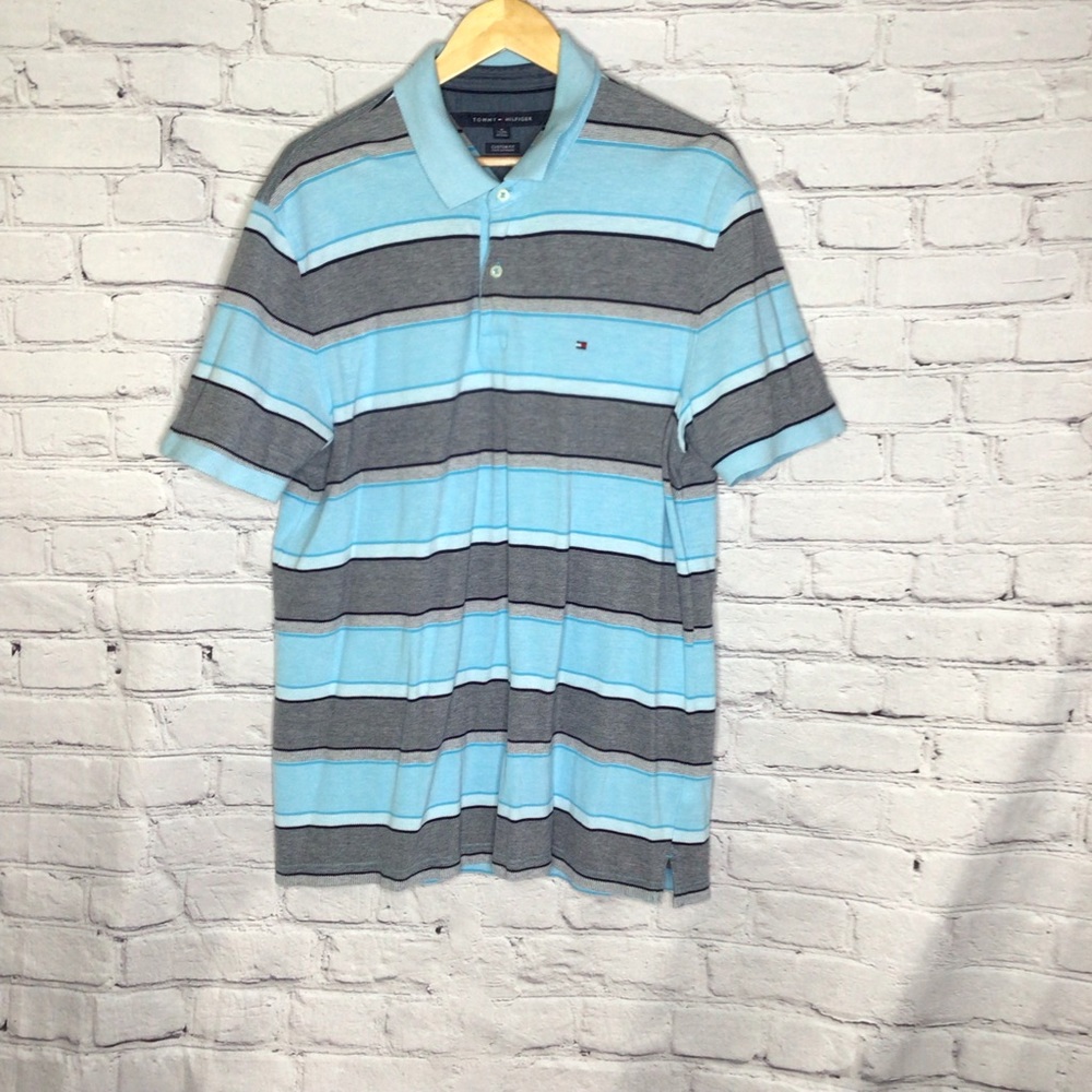 Tommy Hilfiger Blue and Gray Striped Short Sleeve Custom Fit Polo XL